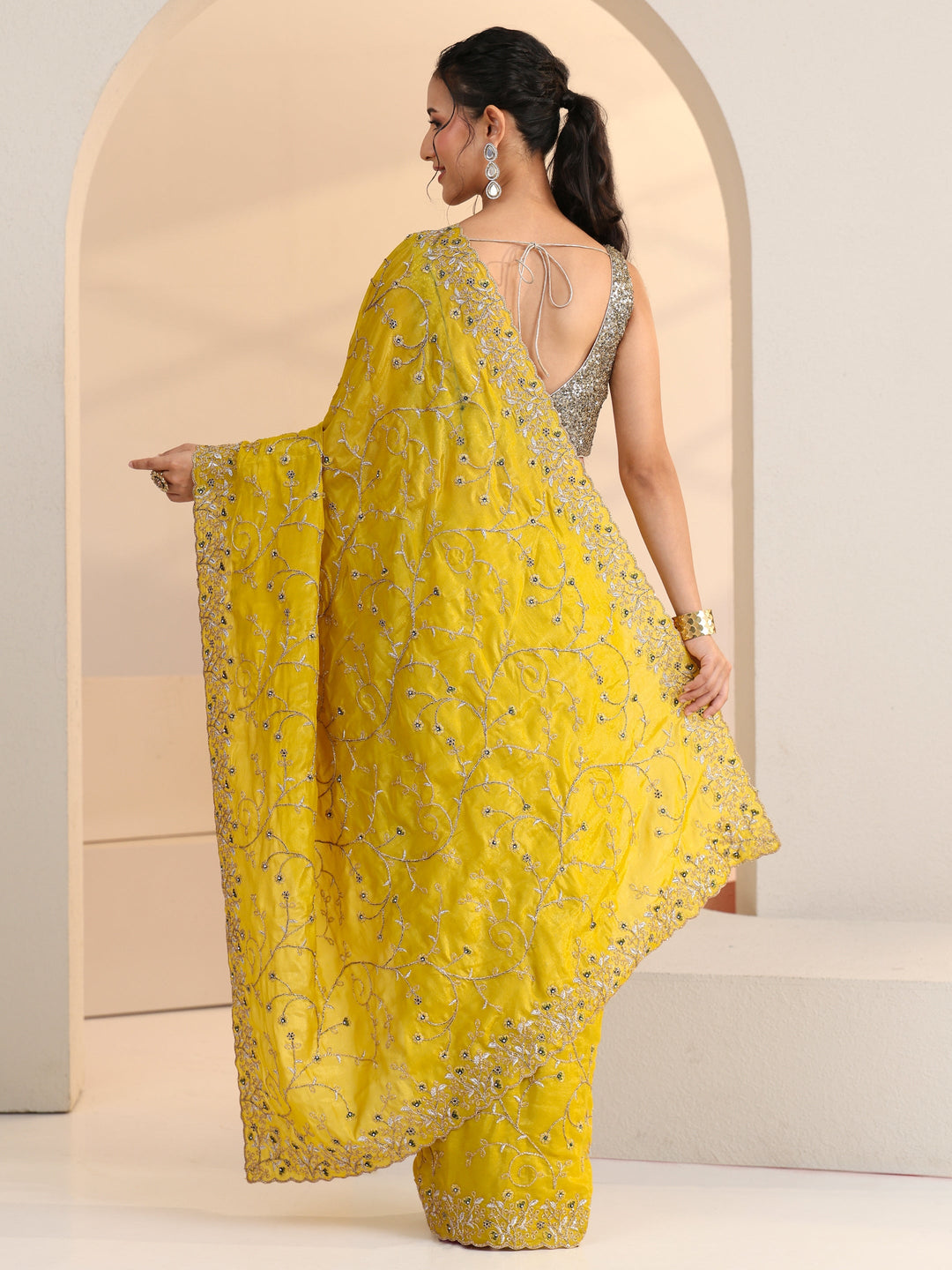  Libas Mustard Floral Embroidered Satin Saree 