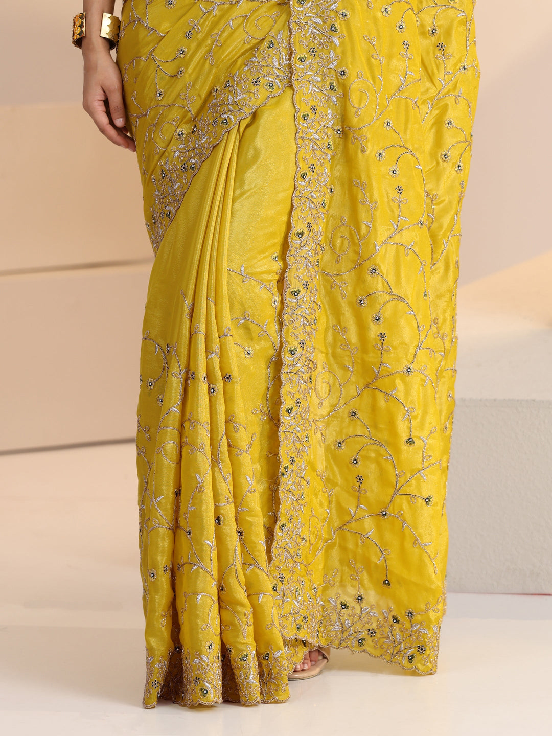  Libas Mustard Floral Embroidered Satin Saree 