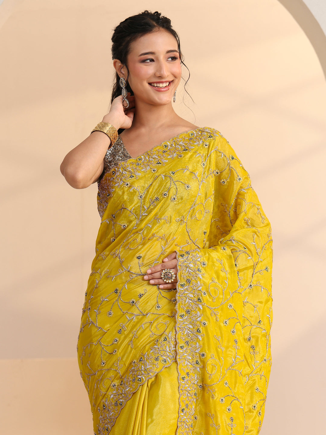  Libas Mustard Floral Embroidered Satin Saree 