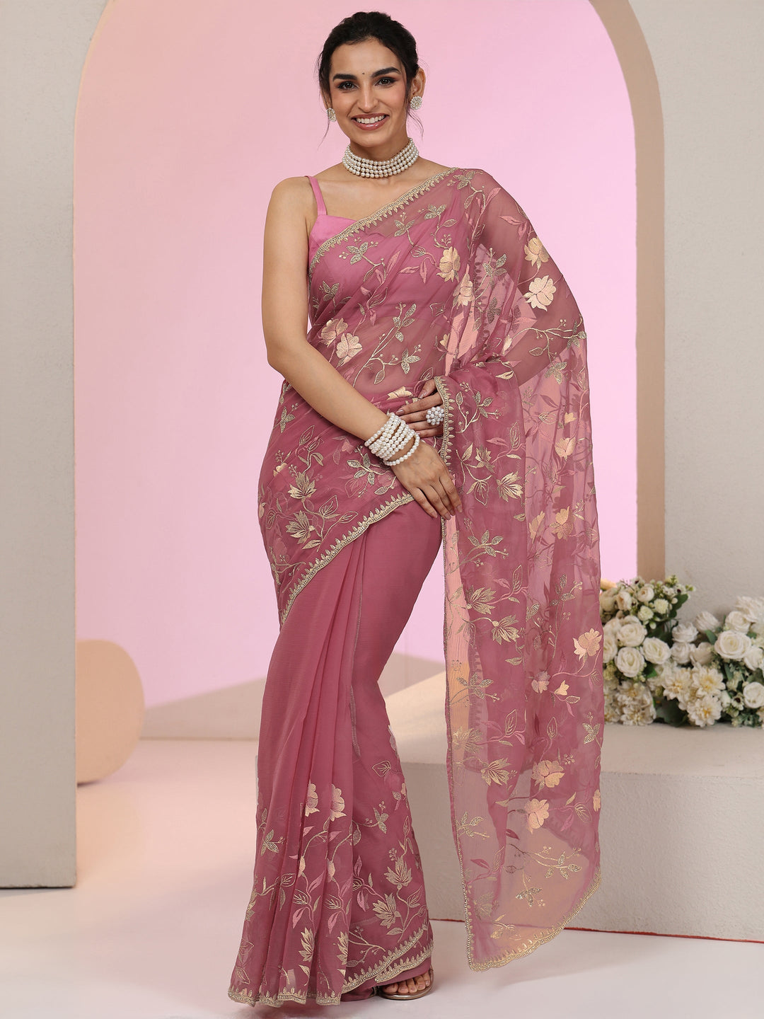  Libas Dusty Rose Pink Floral Embroidered Chiffon Saree 