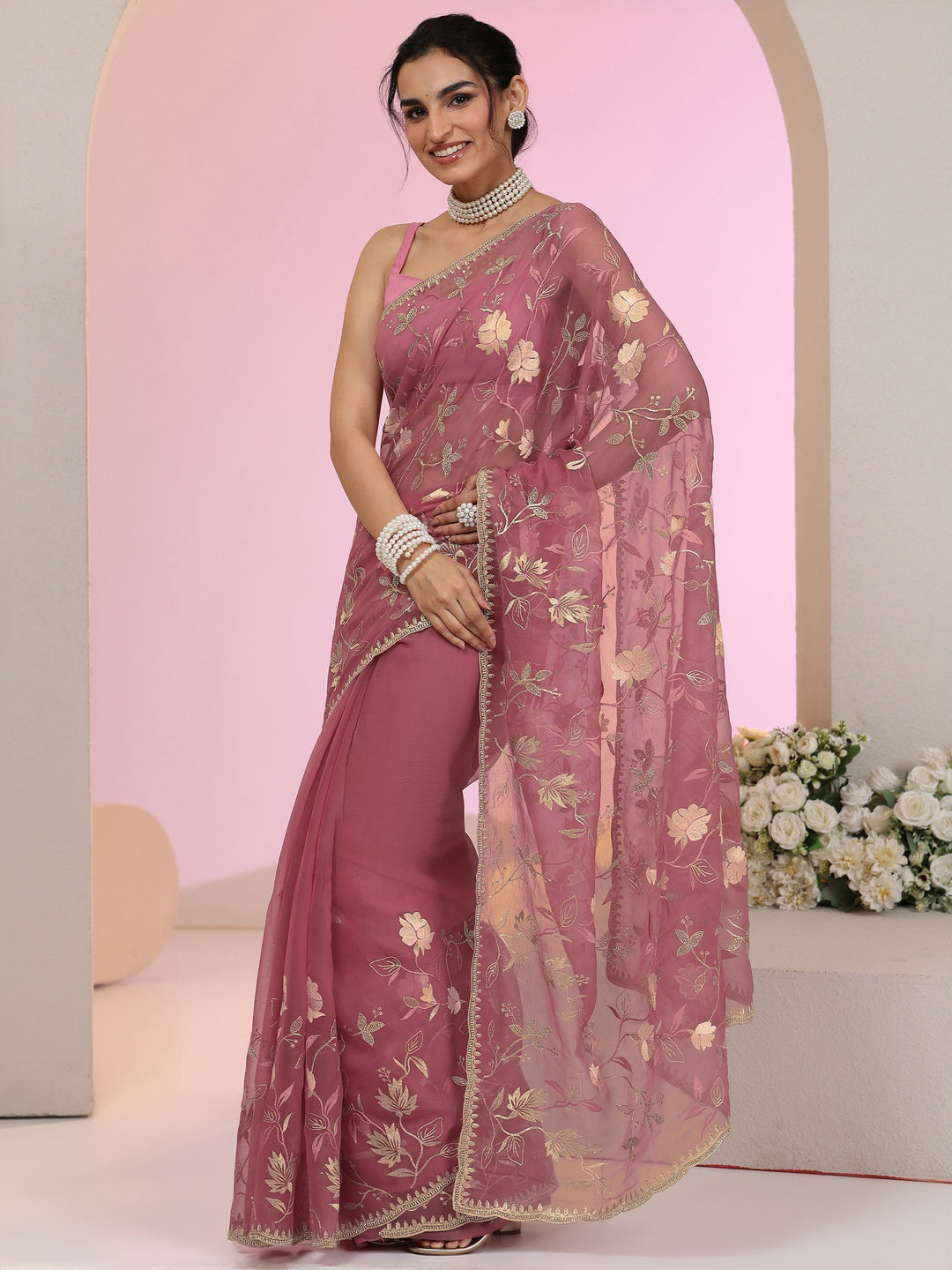  Libas Dusty Rose Pink Floral Embroidered Chiffon Saree 
