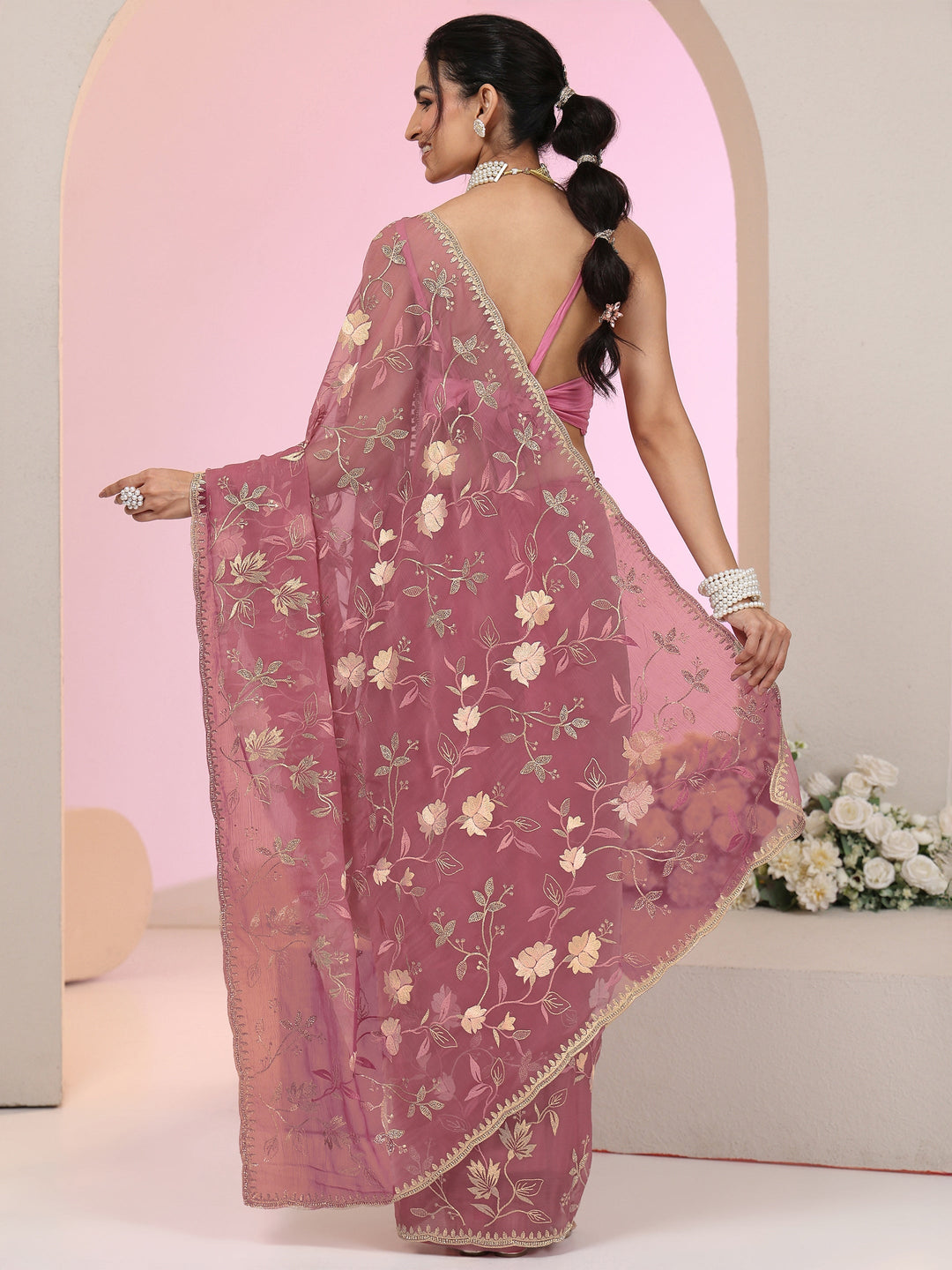  Libas Dusty Rose Pink Floral Embroidered Chiffon Saree 