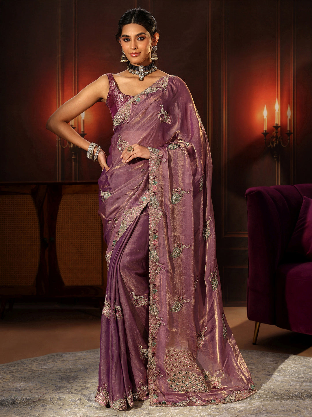  Libas Lavender Peacock Embellished Tissue Saree 
