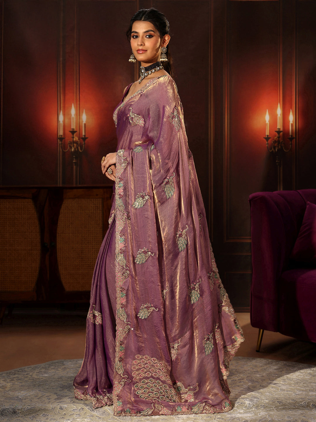  Libas Lavender Peacock Embellished Tissue Saree 