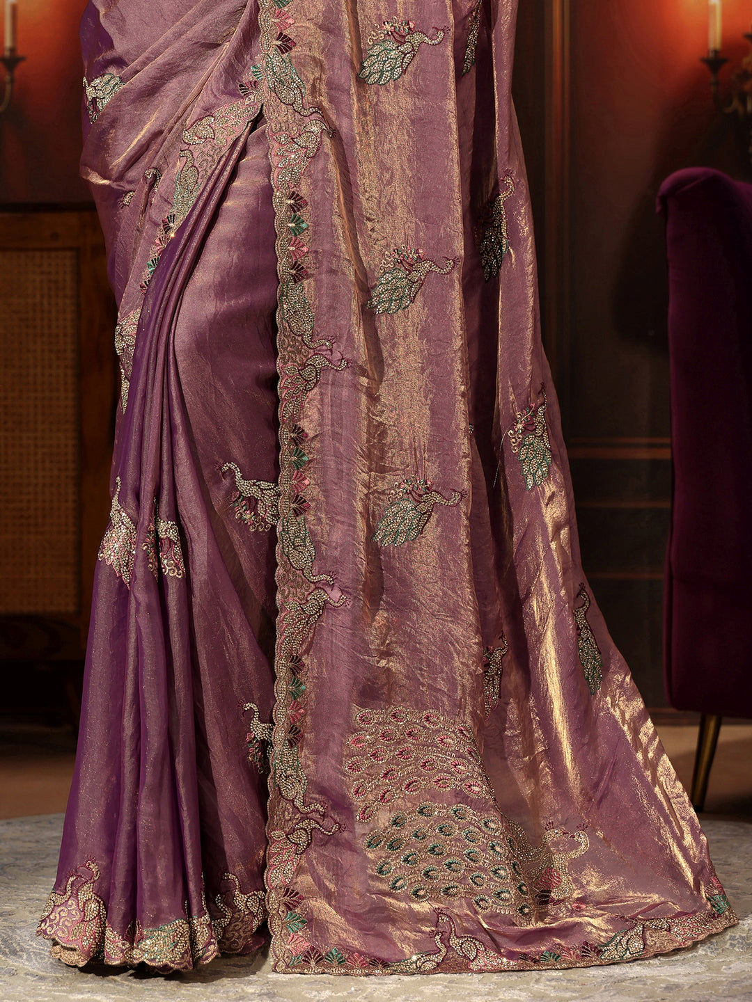  Libas Lavender Peacock Embellished Tissue Saree 