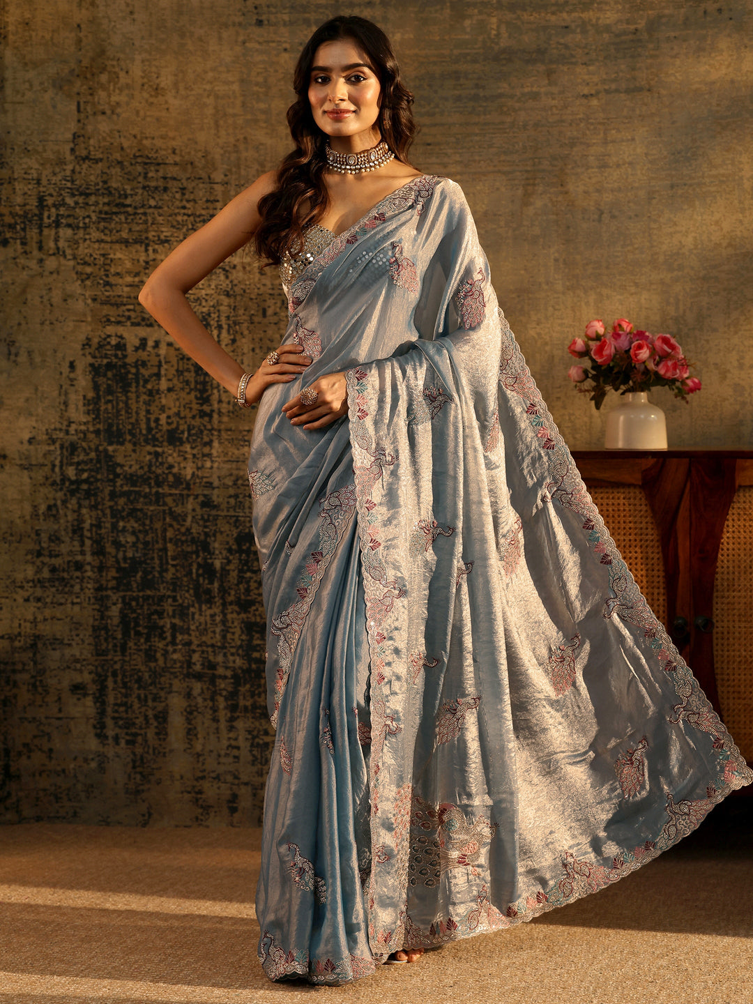  Libas Dusty Blue Peacock Embellished Tissue Saree 