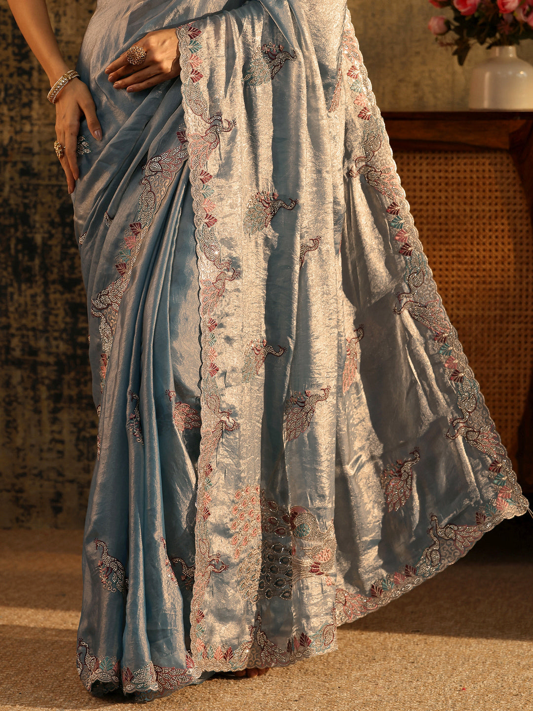  Libas Dusty Blue Peacock Embellished Tissue Saree 