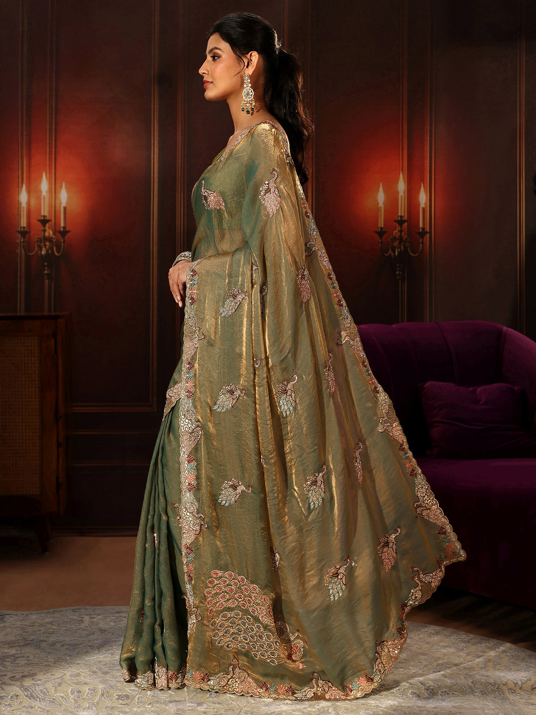  Libas Sage Green Peacock Embellished Tissue Saree 