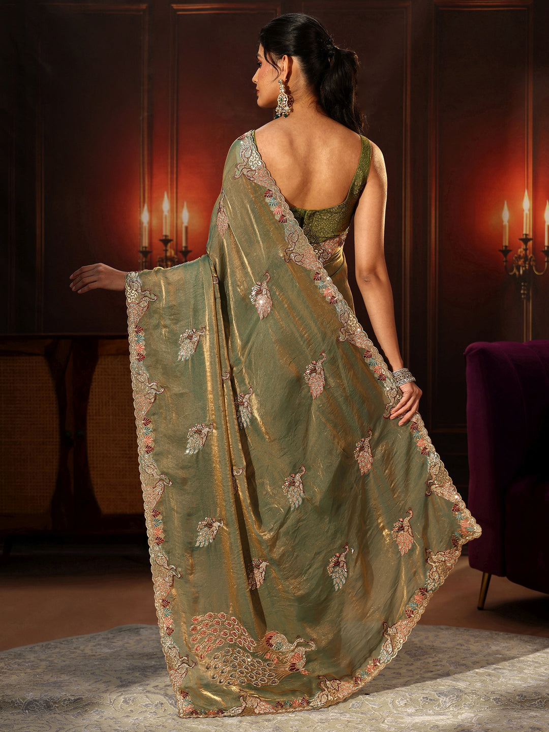  Libas Sage Green Peacock Embellished Tissue Saree 