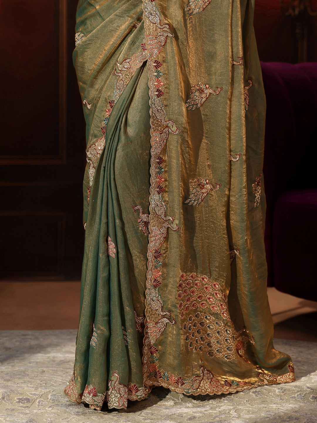  Libas Sage Green Peacock Embellished Tissue Saree 