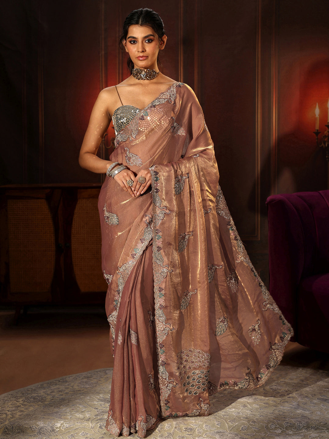  Libas Peach Pink Peacock Embellished Tissue Saree 