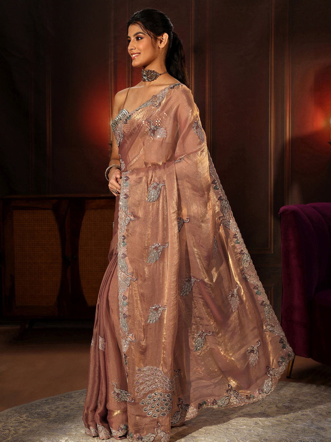  Libas Peach Pink Peacock Embellished Tissue Saree 