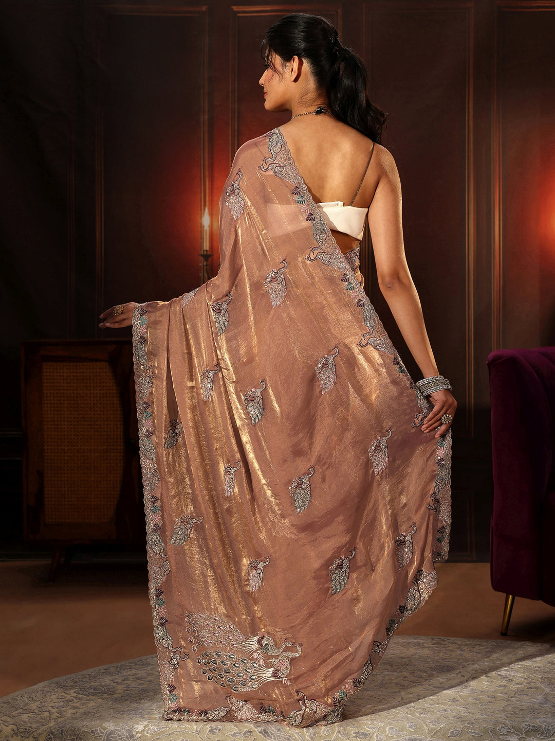  Libas Peach Pink Peacock Embellished Tissue Saree 