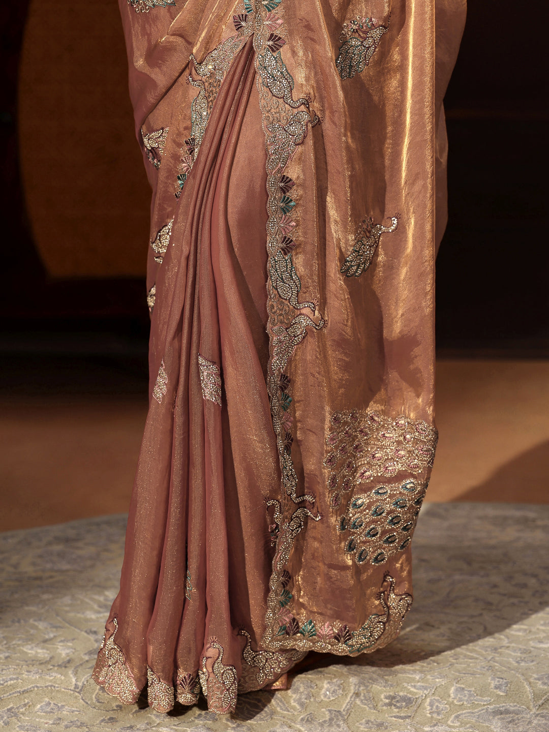  Libas Peach Pink Peacock Embellished Tissue Saree 