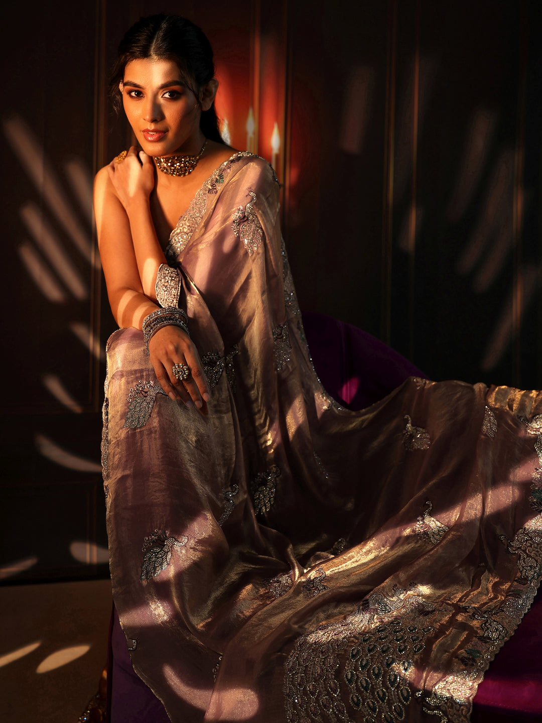 Libas Peach Pink Peacock Embellished Tissue Saree 