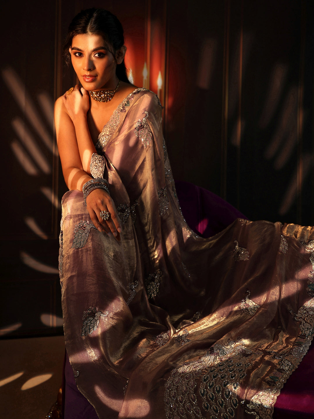  Libas Peach Pink Peacock Embellished Tissue Saree 
