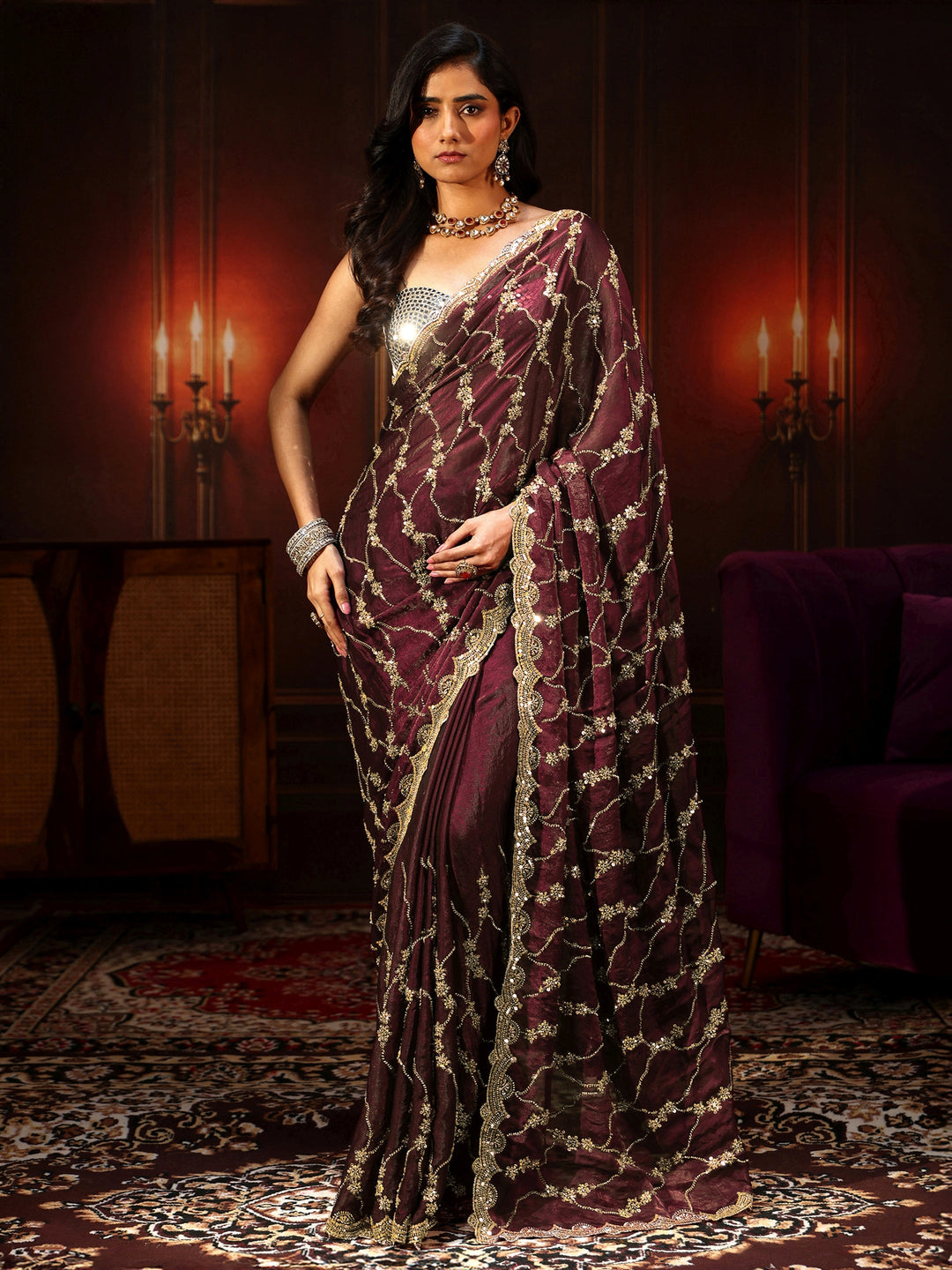  Libas Art Maroon Embellished Tissue Saree 