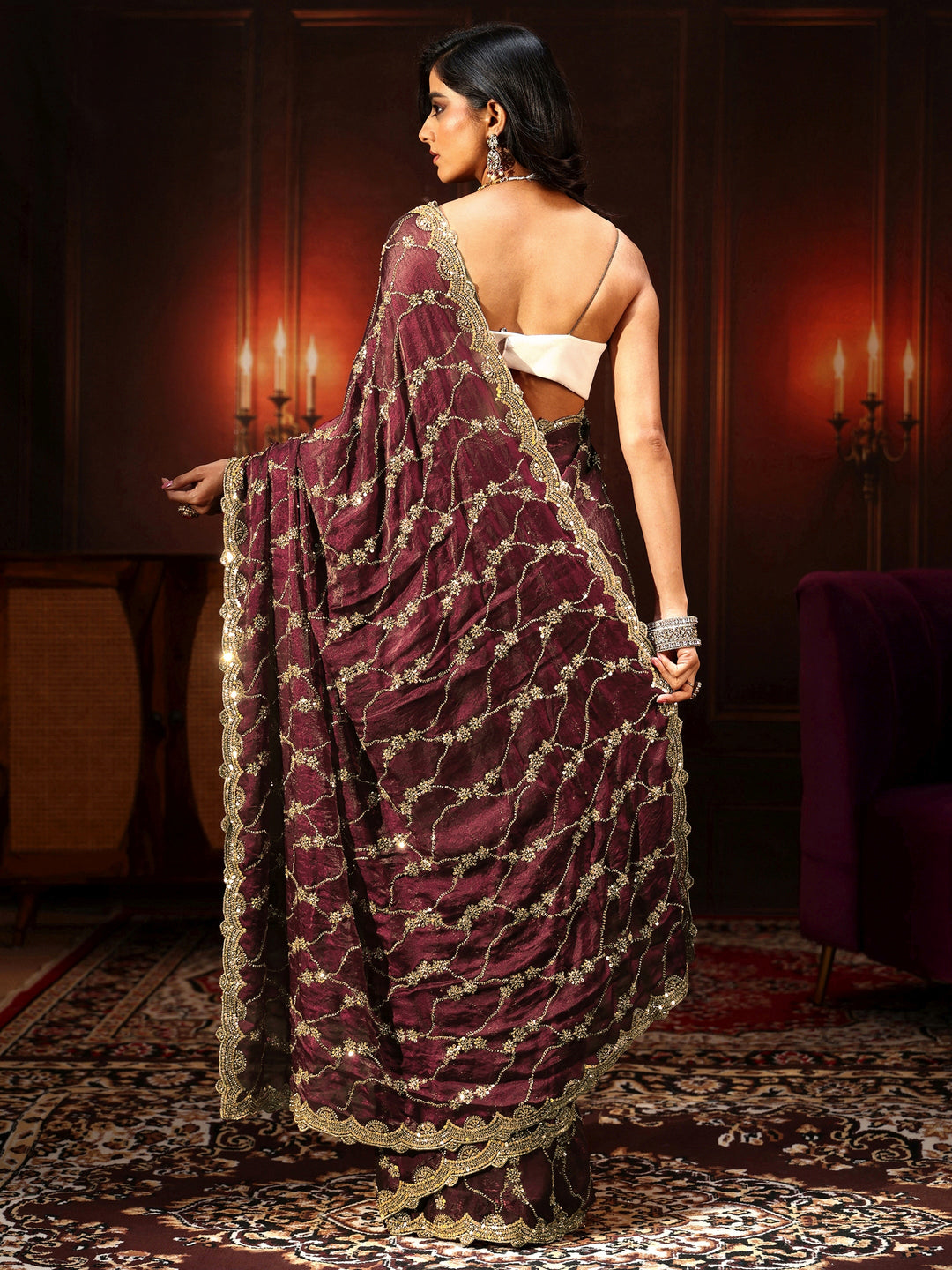  Libas Art Maroon Embellished Tissue Saree 