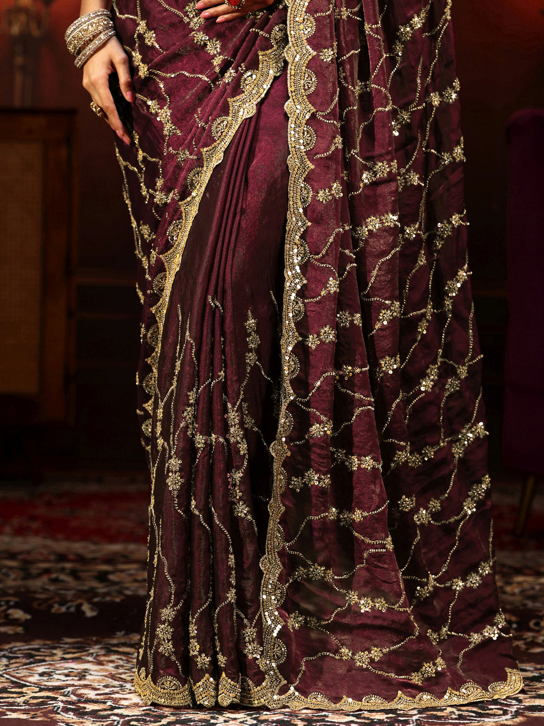  Libas Art Maroon Embellished Tissue Saree 