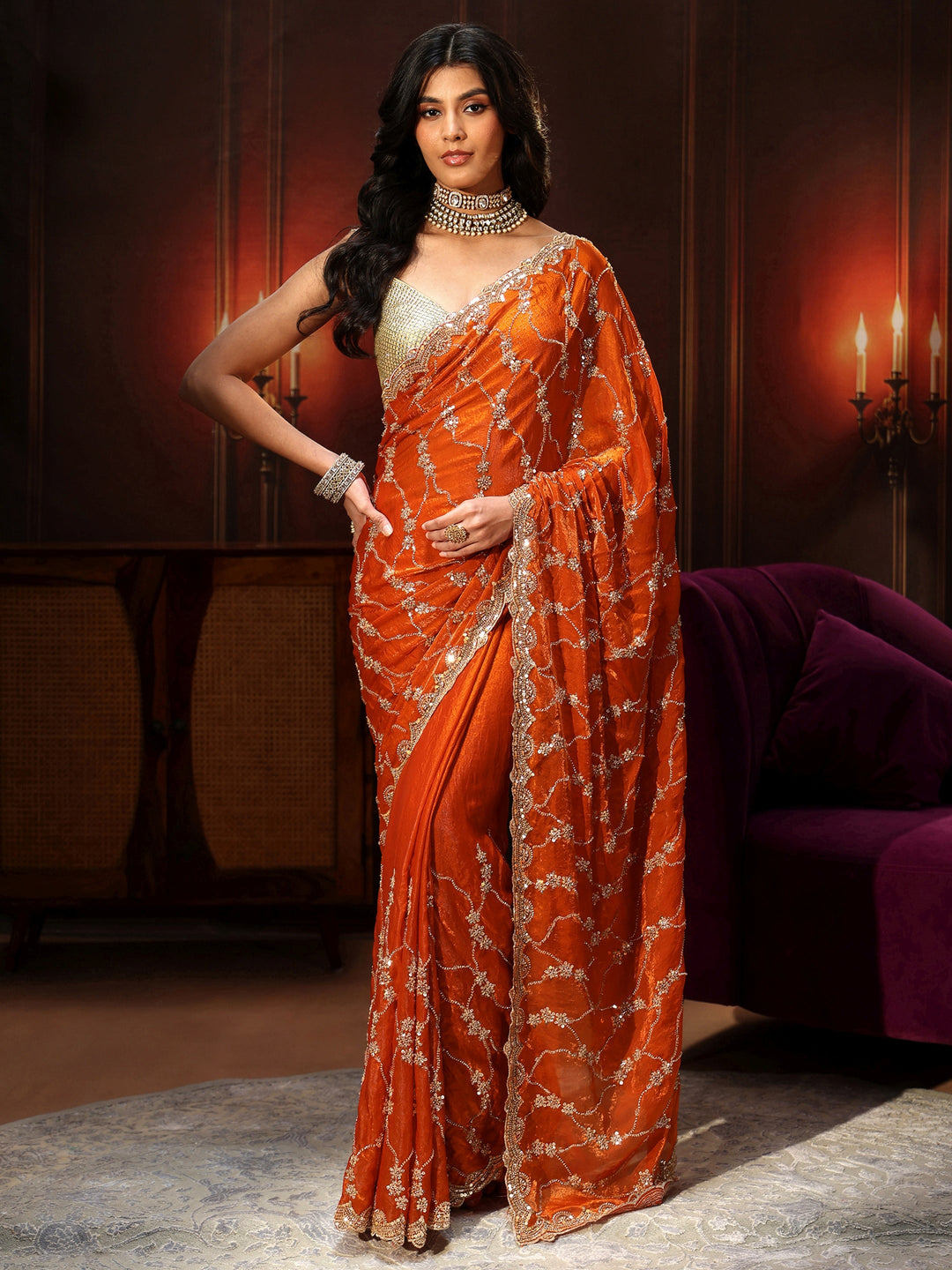  Libas Art Orange Embellished Tissue Saree 