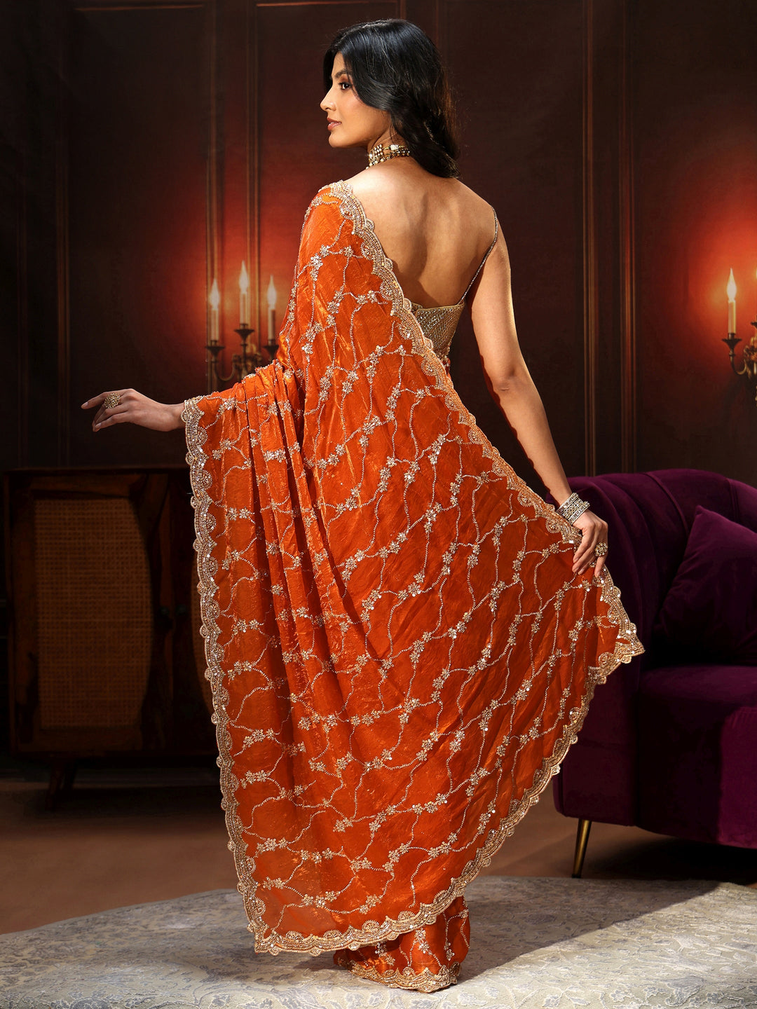  Libas Art Orange Embellished Tissue Saree 