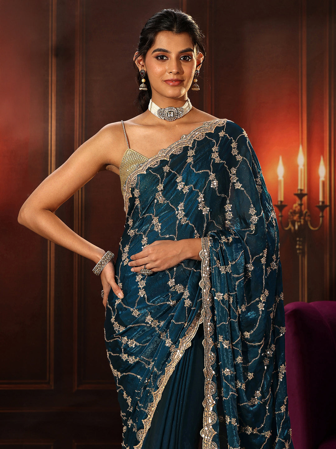  Libas Art Teal Blue Embellished Tissue Saree 
