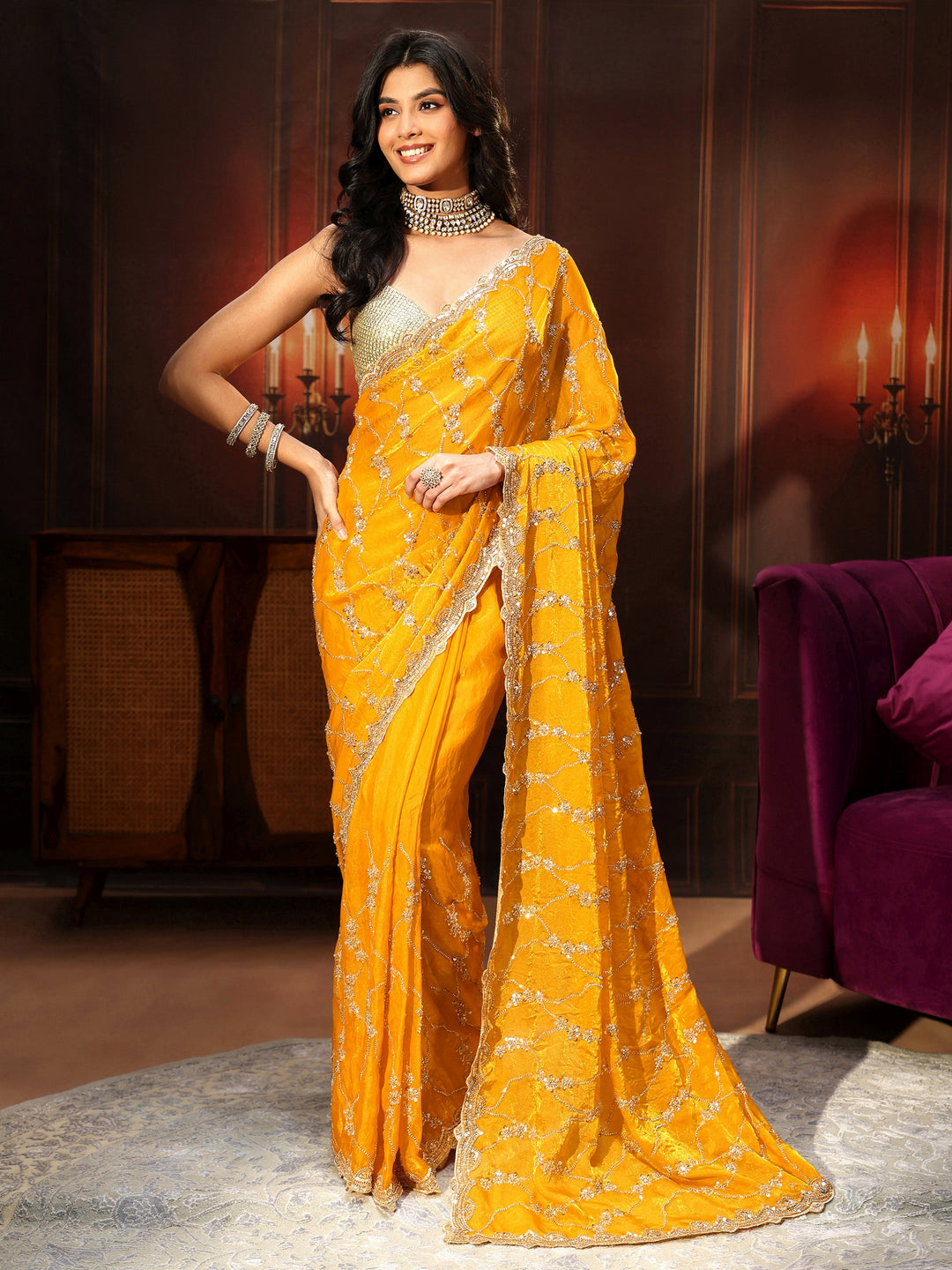  Libas Art Mustard Embellished Tissue Saree 