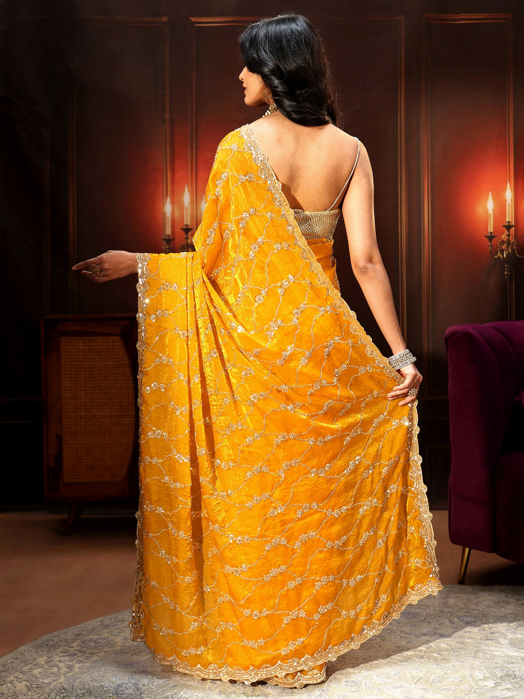  Libas Art Mustard Embellished Tissue Saree 