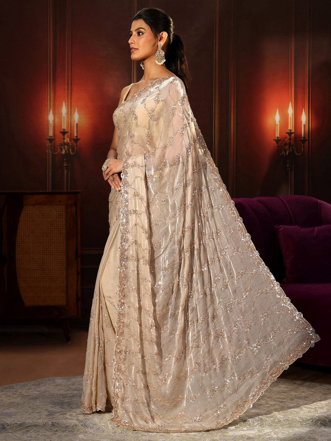  Libas Art Cream Embellished Tissue Saree 