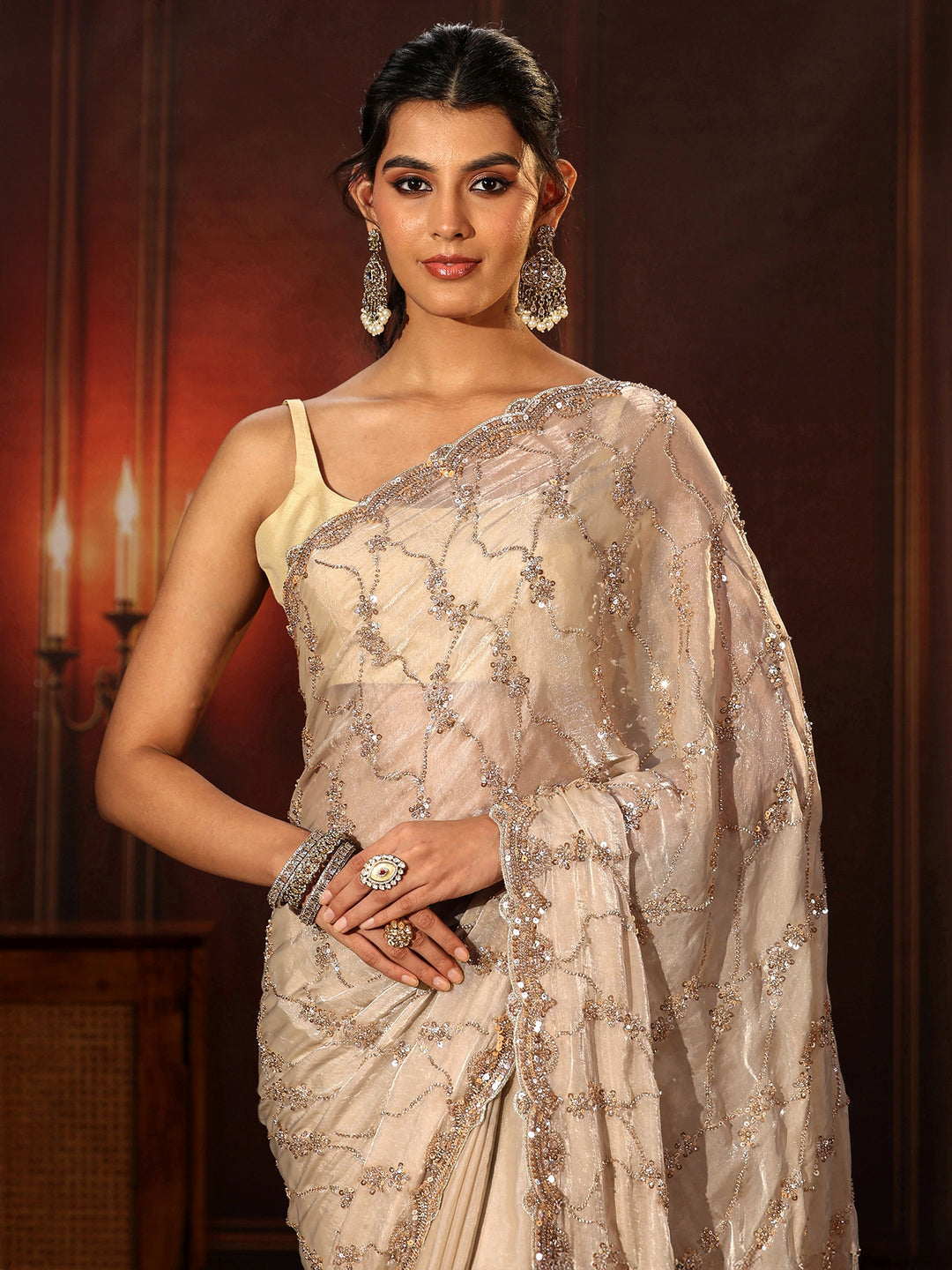  Libas Art Cream Embellished Tissue Saree 