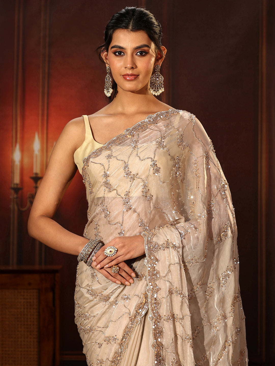  Libas Art Cream Embellished Tissue Saree 