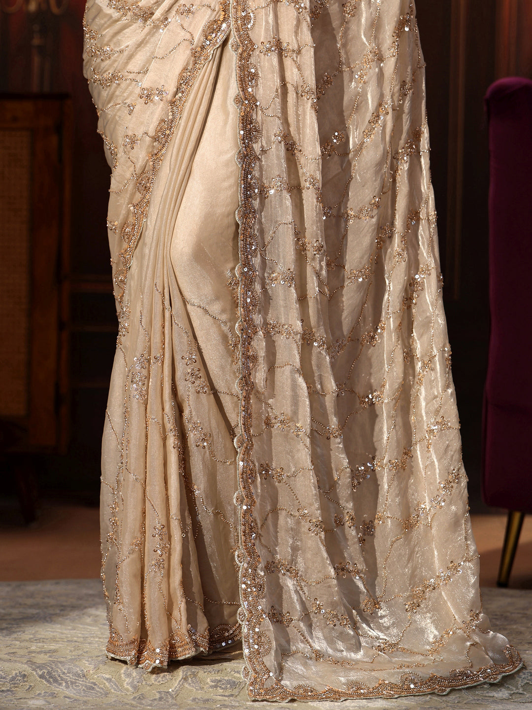  Libas Art Cream Embellished Tissue Saree 
