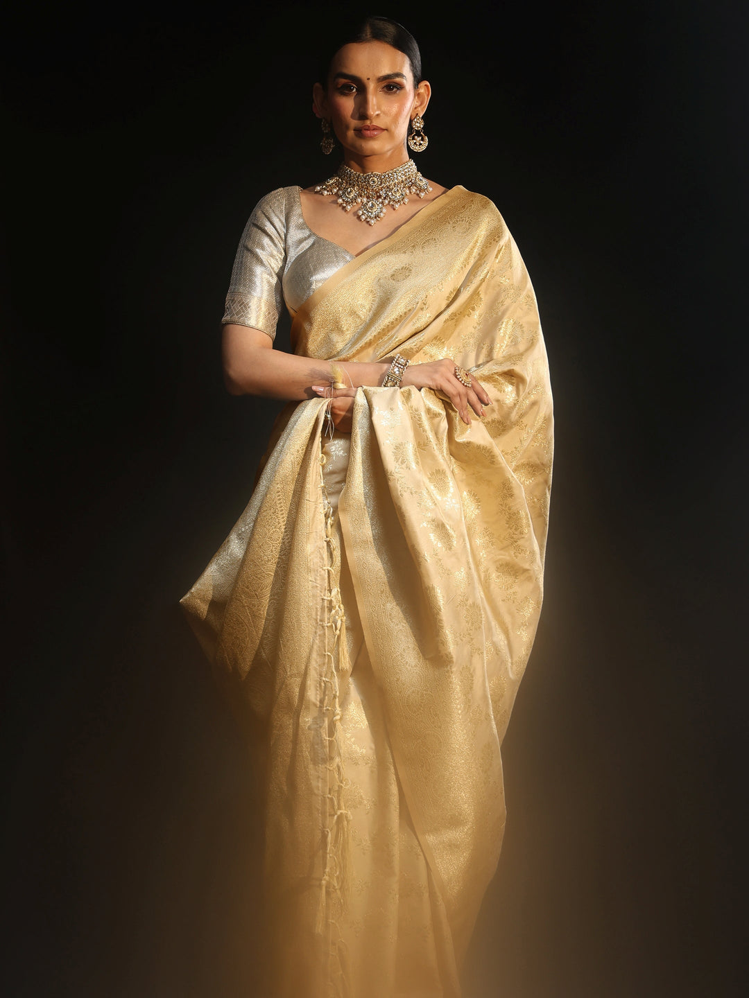  Libas Cream Banarasi Silk Blend Saree 