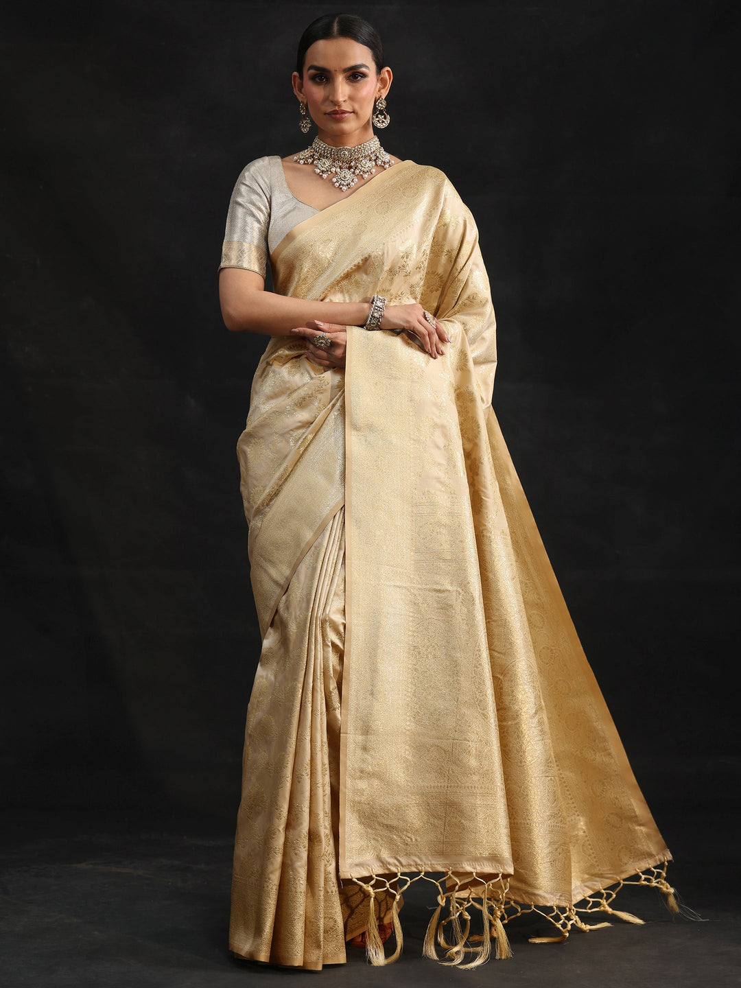  Libas Cream Banarasi Silk Blend Saree 