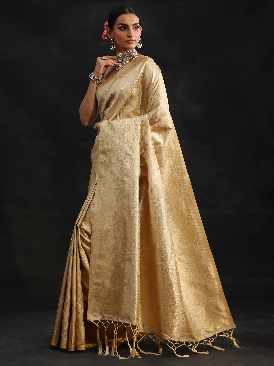  Libas Cream Banarasi Silk Blend Saree 