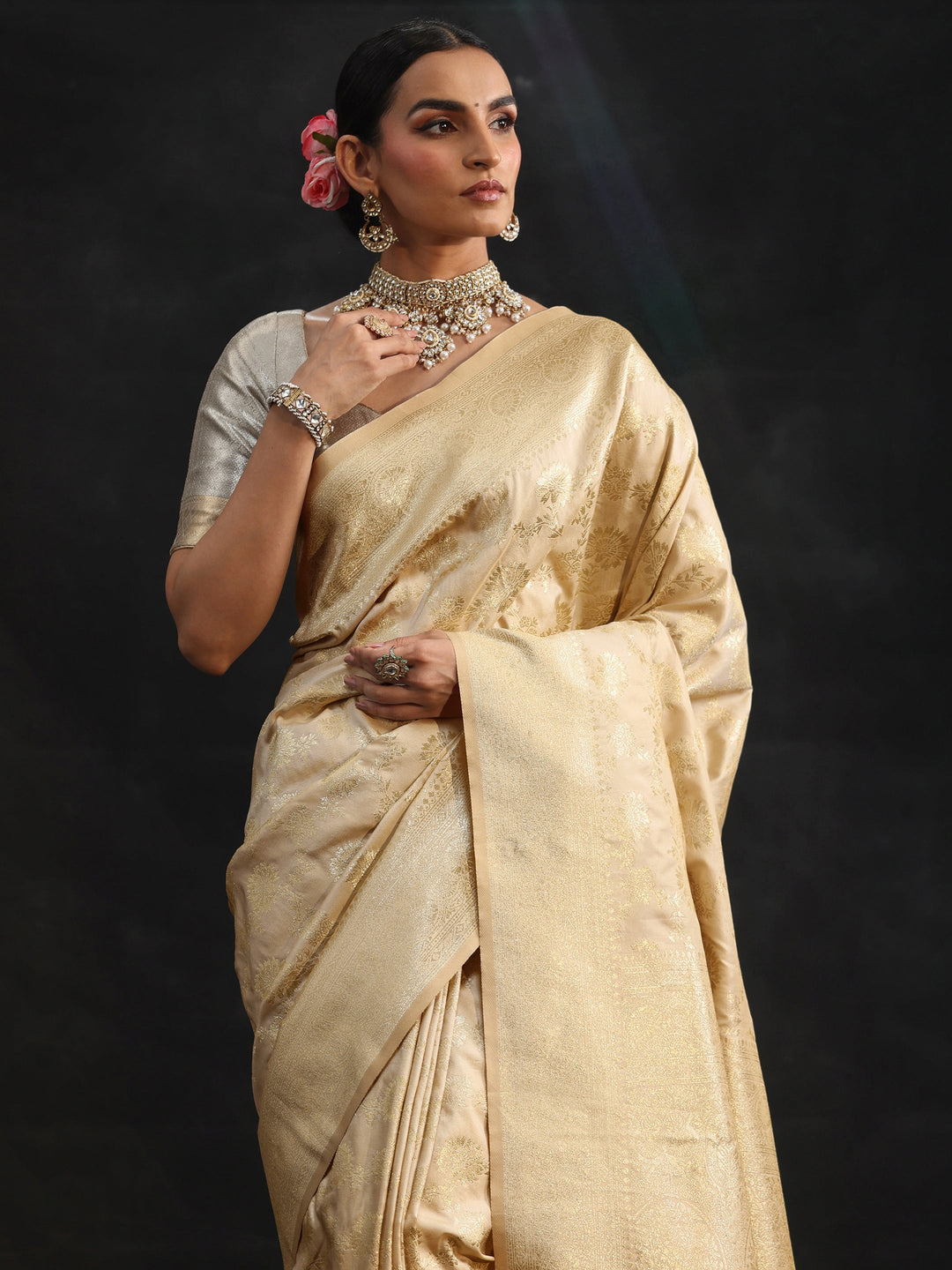  Libas Cream Banarasi Silk Blend Saree 
