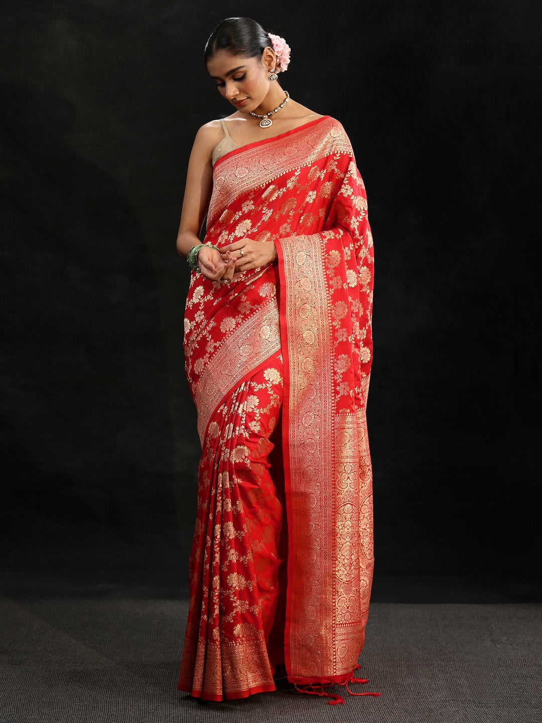  Libas Vermilion Red Banarasi Silk Blend Saree 