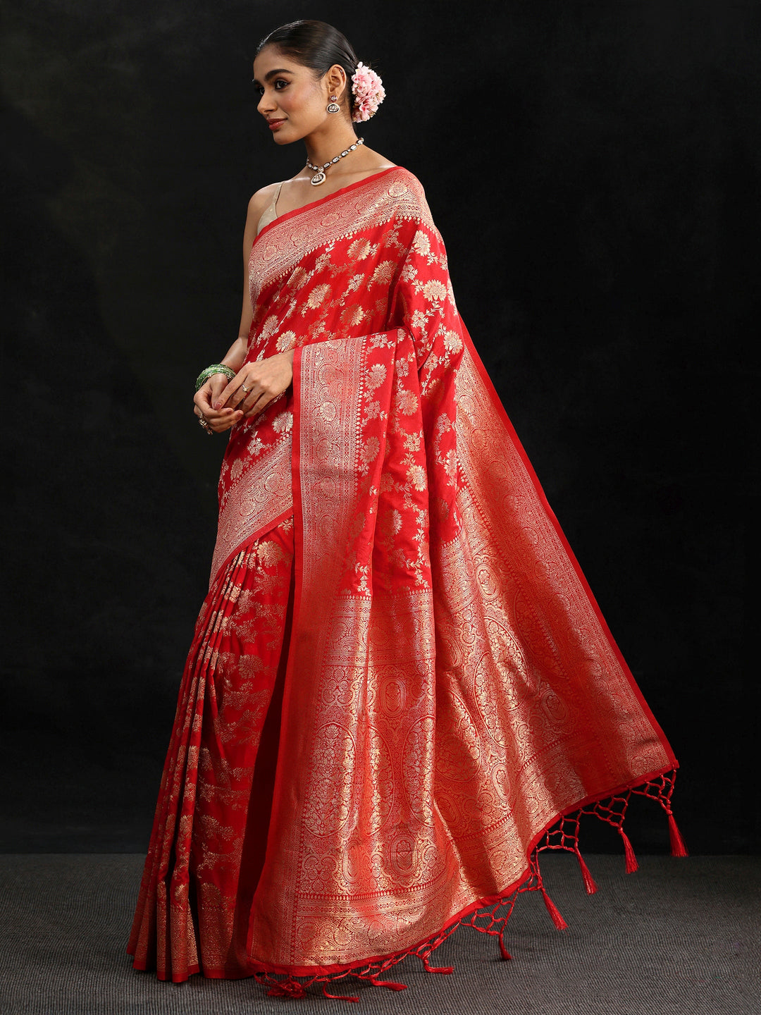  Libas Vermilion Red Banarasi Silk Blend Saree 