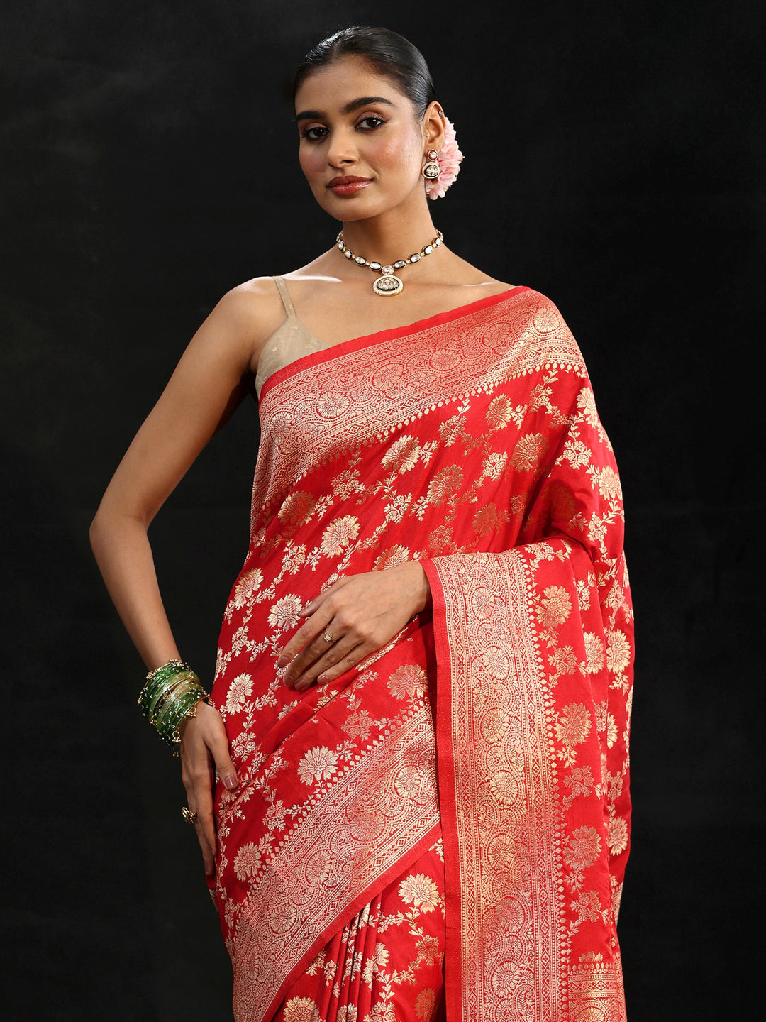 Libas Vermilion Red Banarasi Silk Blend Saree 