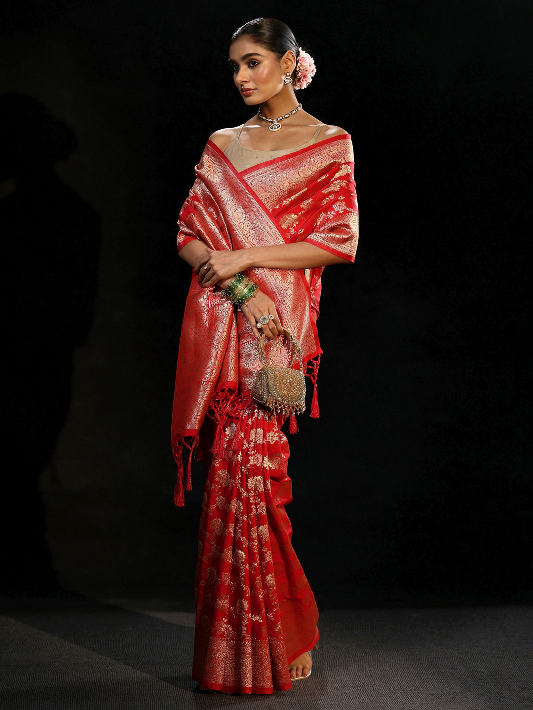  Libas Vermilion Red Banarasi Silk Blend Saree 