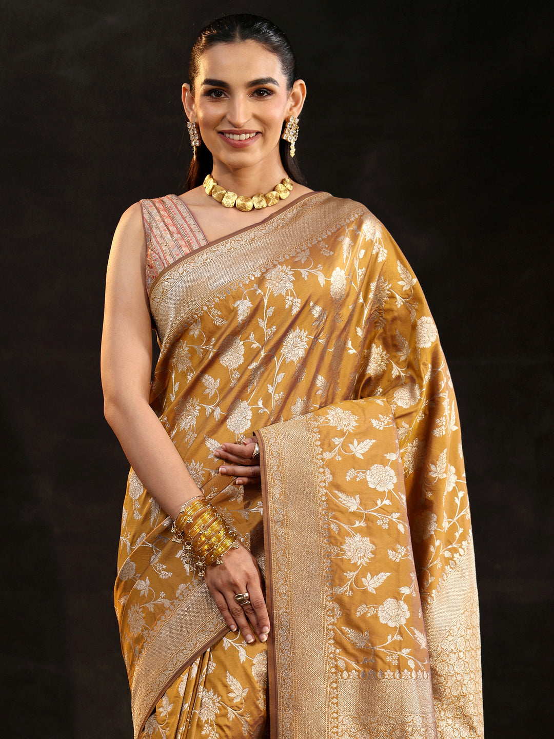  Libas Mustard Banarasi Silk Blend Saree 