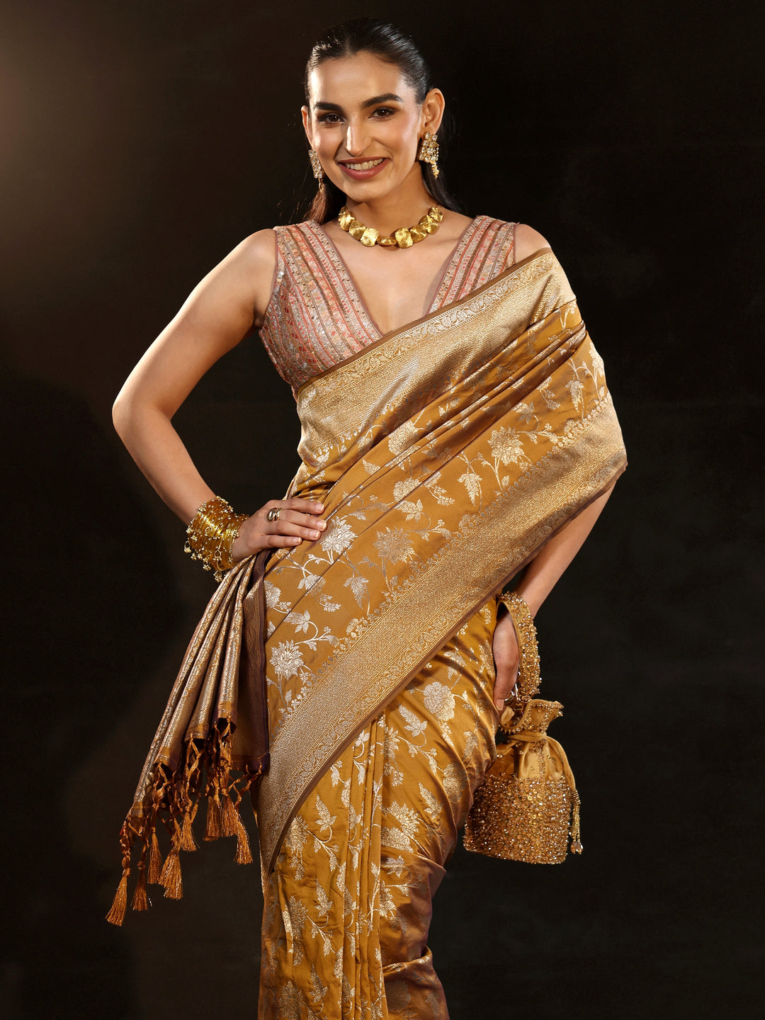  Libas Mustard Banarasi Silk Blend Saree 