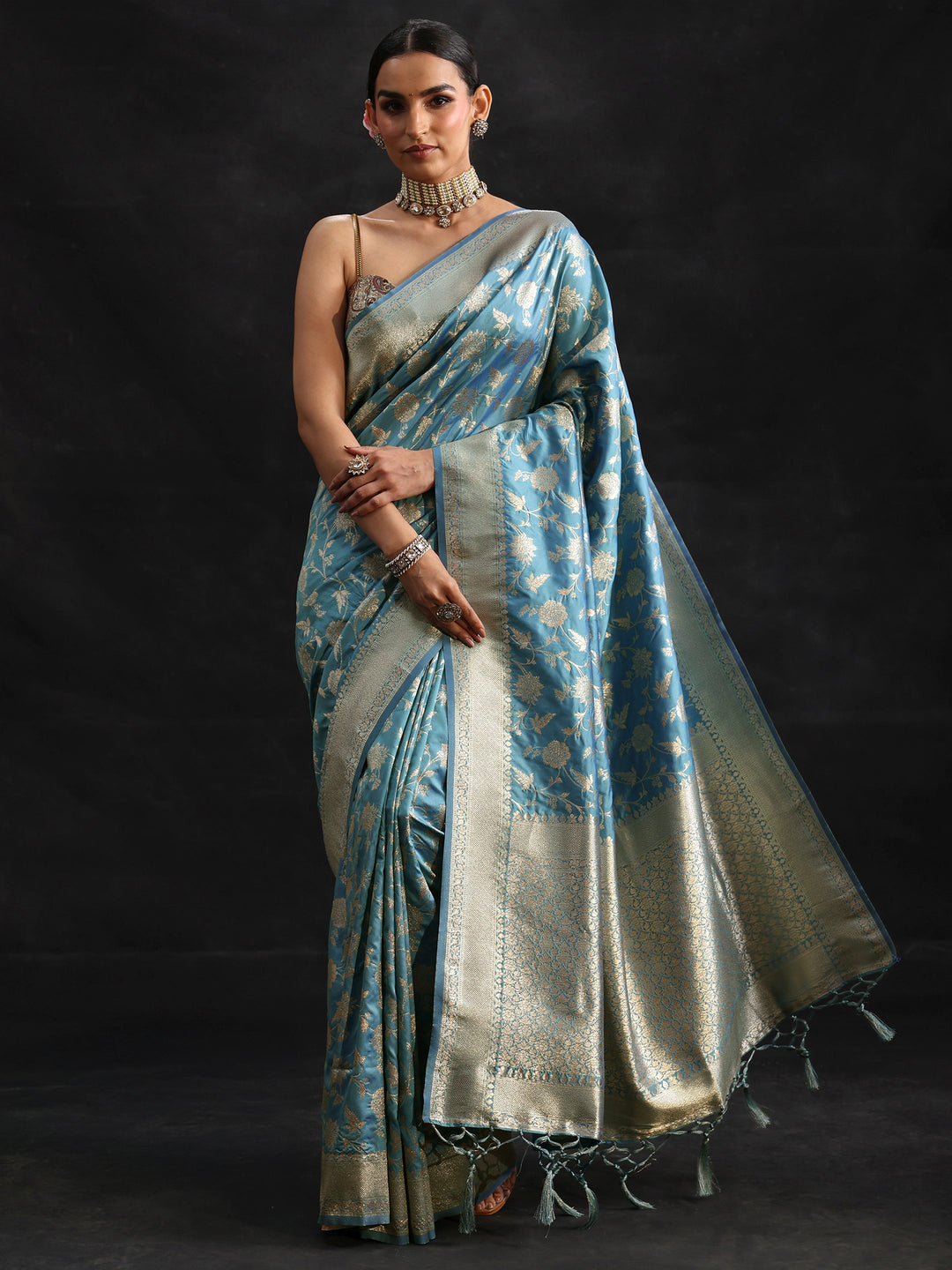  Libas Dusty Sky Blue Banarasi Silk Blend Saree 