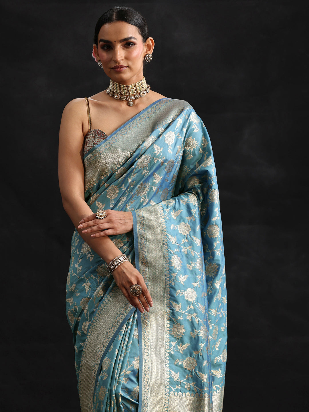  Libas Dusty Sky Blue Banarasi Silk Blend Saree 