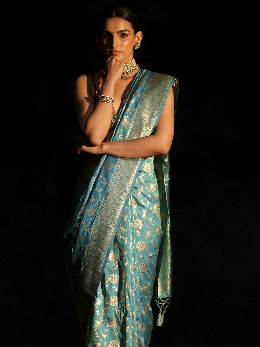  Libas Dusty Sky Blue Banarasi Silk Blend Saree 