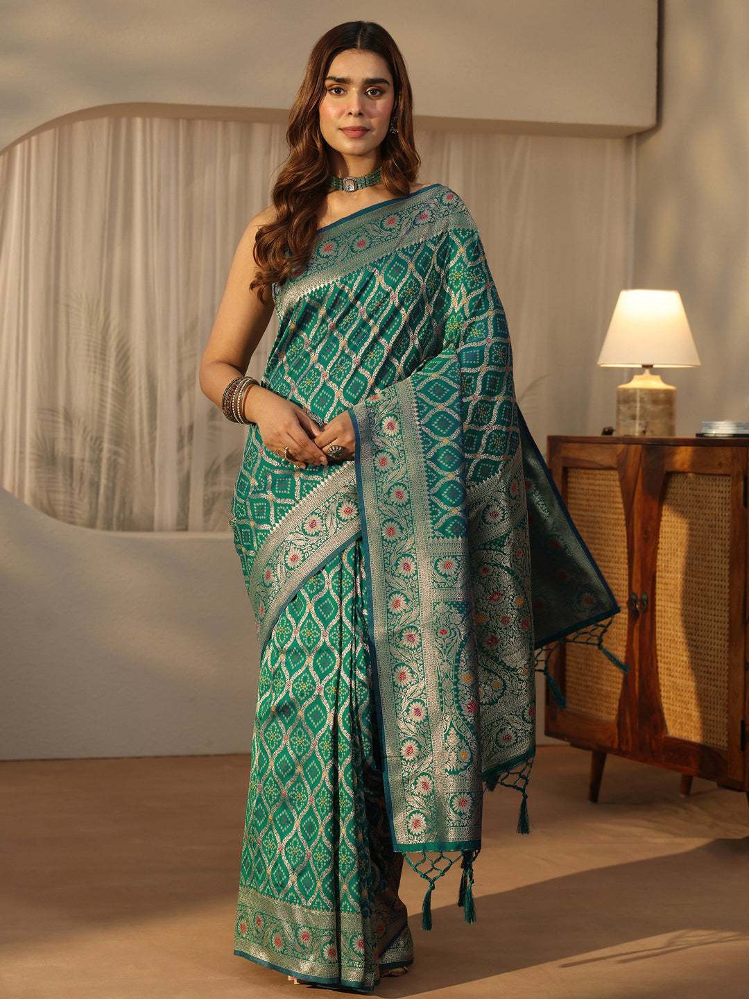  Libas Turquoise Blue Bandhani Print Woven Silk Blend Saree 