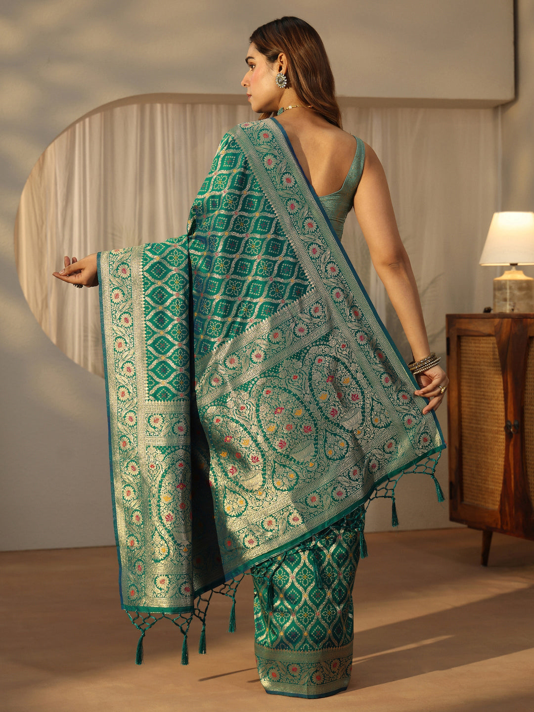 Libas Turquoise Blue Bandhani Print Woven Silk Blend Saree 