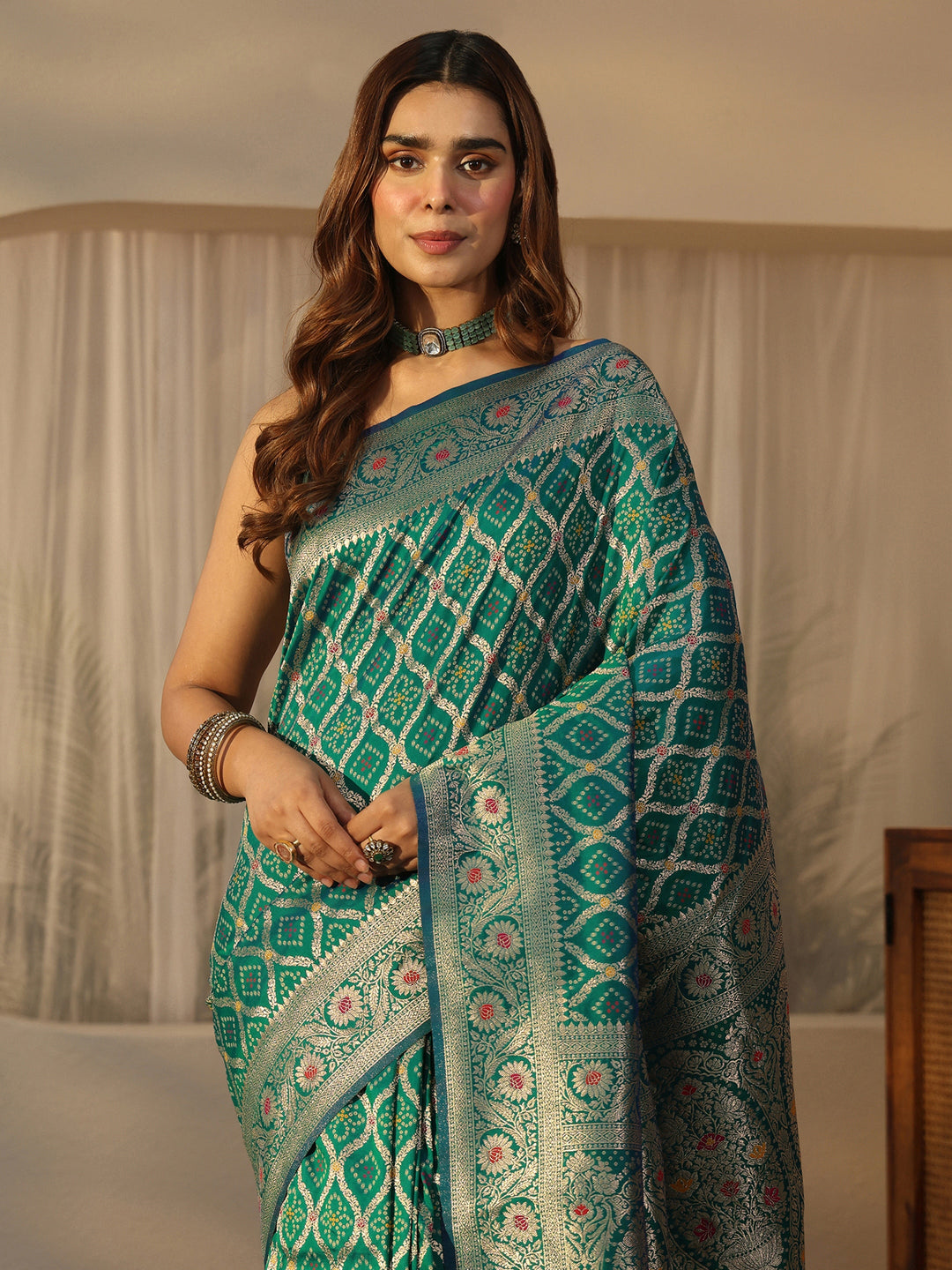  Libas Turquoise Blue Bandhani Print Woven Silk Blend Saree 