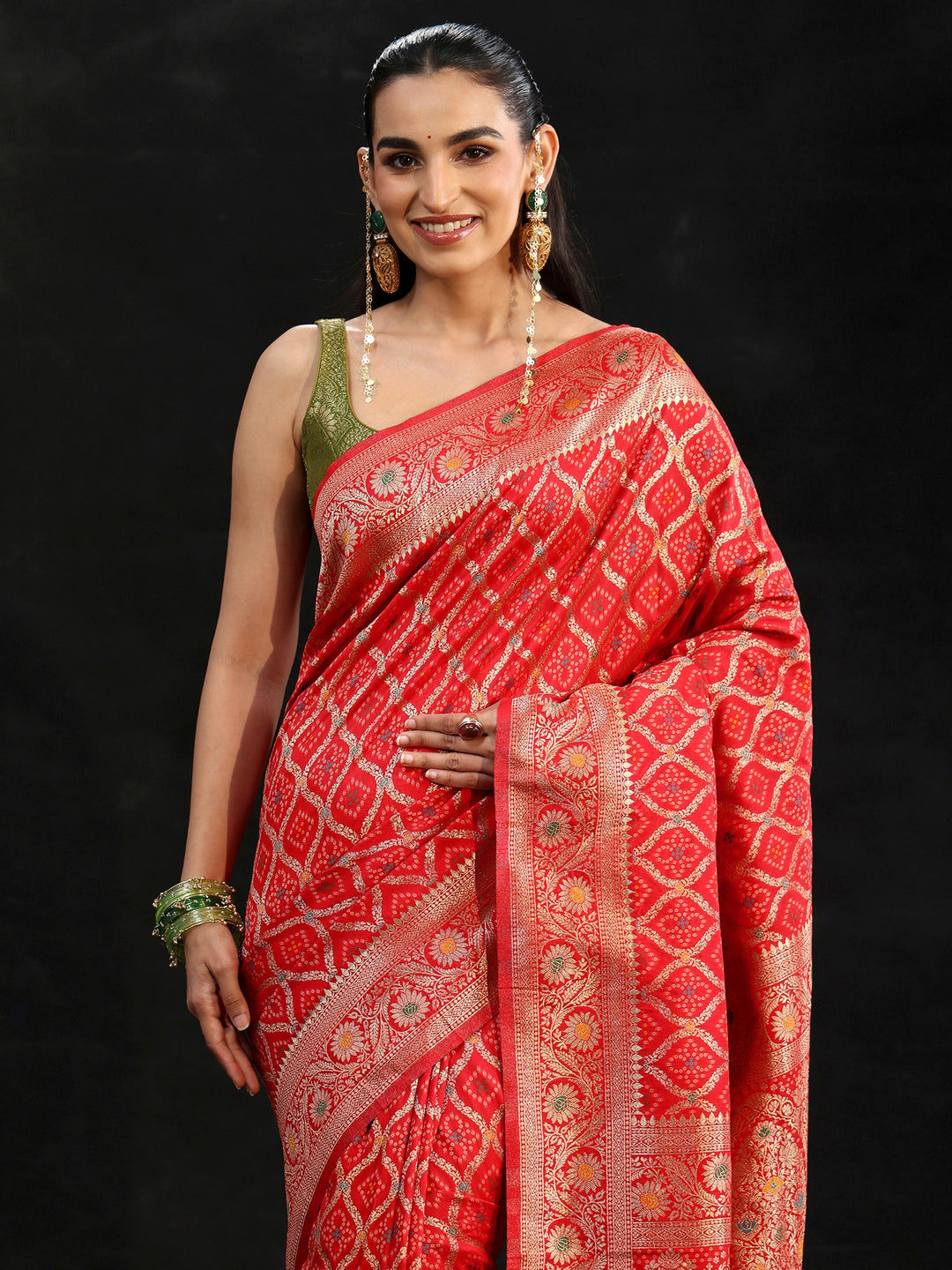  Libas Vermilion Red Gharchola Silk Blend Saree 