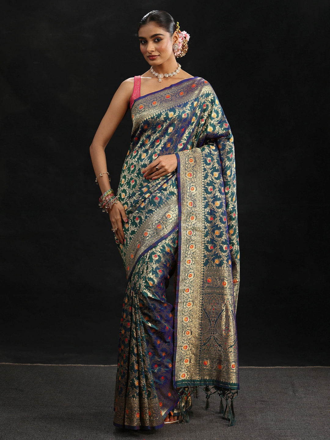  Libas Navy Blue Meenakari Banarasi Silk Blend Saree 